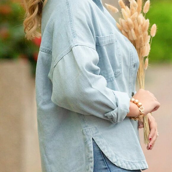 Womens Denim Shacket Shirt Tunic Length Light Denim Heavyweight - Picture 2 of 6